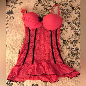 Miss Babydoll Pink and Black Lace Chemise